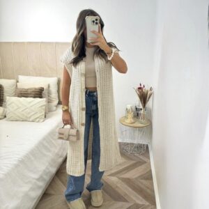 Gold button long knitted waistjacket