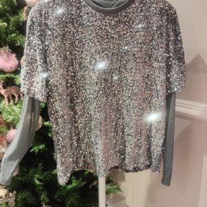 Silver sequin mesh arm top